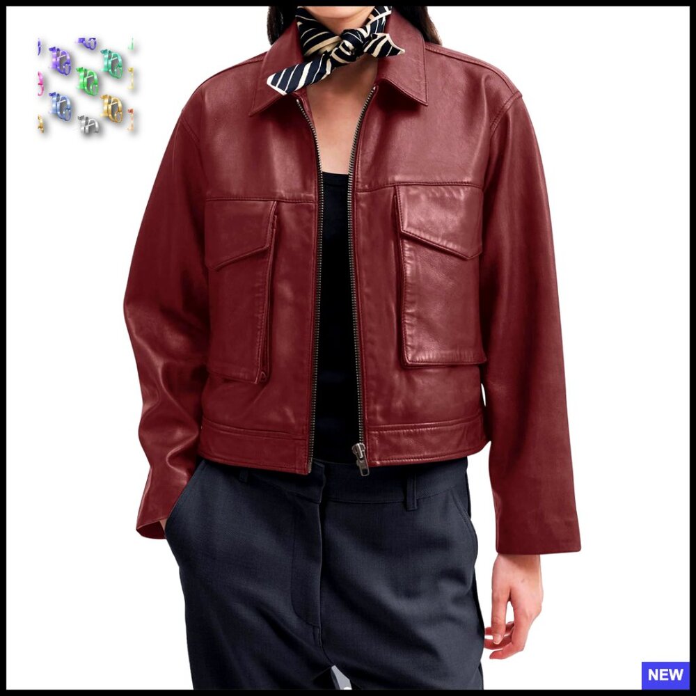 Faux Leather Motorcycle Bomber Jacket Cropped Zip Up Pockets Trendy Outerwear